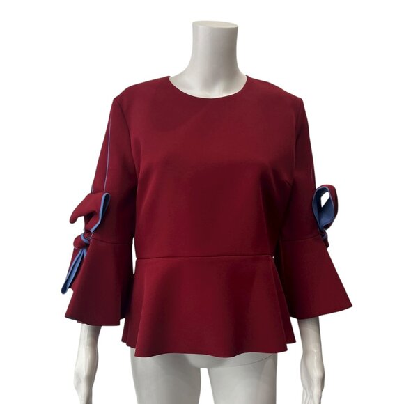 $890 Roksanda Red Blue Kemi Bow Sleeve Peplum Blouse Top size 16 - Picture 3 of 11